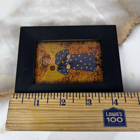 Vintage Folk Art 2 Miniature Painting Signed Annie B Giblin Angel Crow Sunflower - Picture 4 of 13
